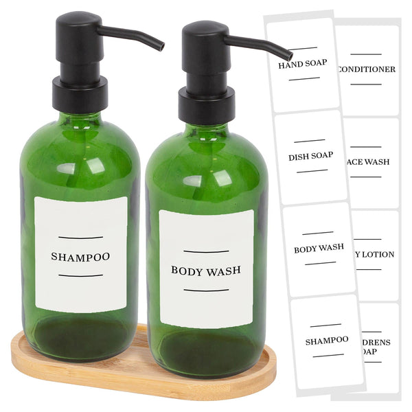 nicola spring 2pc 500ml Green Glass Soap Dispenser with White Labels & Bamboo Tray
