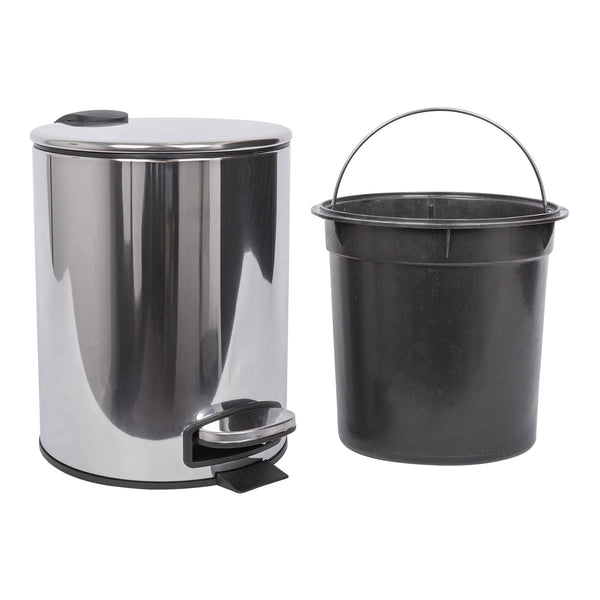 Nicola Spring 2pc 5L Chrome Round Stainless Steel Pedal Bin & Toilet Brush Set