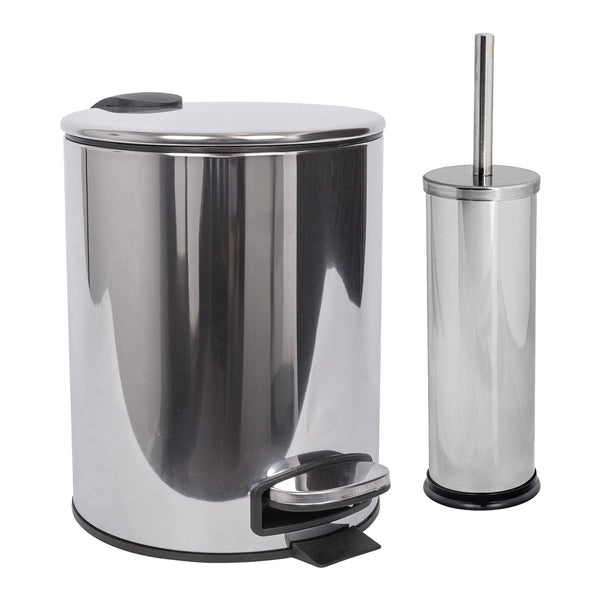 nicola spring 2pc 5L Chrome Round Stainless Steel Pedal Bin & Toilet Brush Set