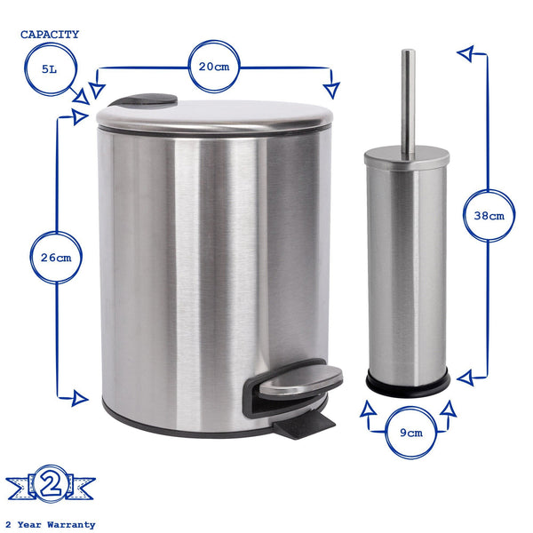 Nicola Spring 2pc 5L Round Brushed Stainless Steel Pedal Bin & Toilet Brush Set