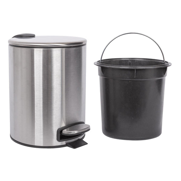 Nicola Spring 2pc 5L Round Brushed Stainless Steel Pedal Bin & Toilet Brush Set