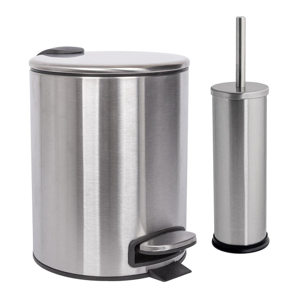 nicola spring 2pc 5L Round Brushed Stainless Steel Pedal Bin & Toilet Brush Set