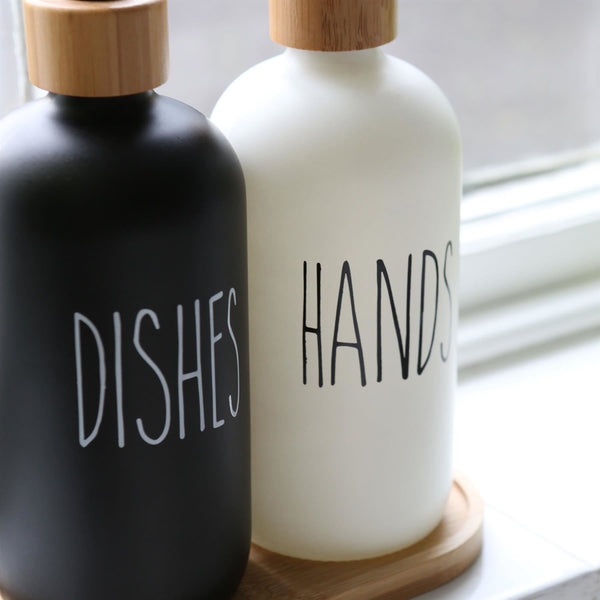 Nicola Spring 2pc Glass Hand & Dish Soap Dispenser Set With Bamboo Tray - 500ml - White/Black