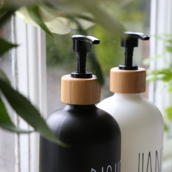 Nicola Spring 2pc Glass Hand & Dish Soap Dispenser Set With Bamboo Tray - 500ml - White/Black