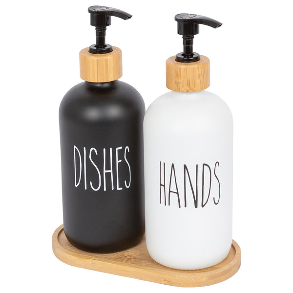 nicola spring 2pc Glass Hand & Dish Soap Dispenser Set with Bamboo Tray - 500ml - White/Black