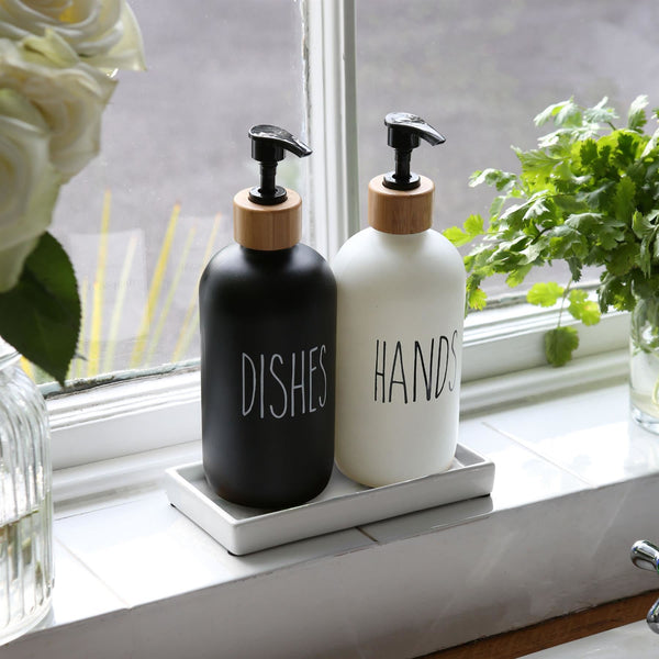 Nicola Spring 2pc Glass Hand & Dish Soap Dispenser Set With Ceramic Tray - 500ml - White/Black