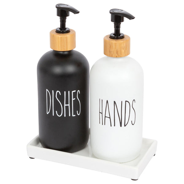 nicola spring 2pc Glass Hand & Dish Soap Dispenser Set with Ceramic Tray - 500ml - White/Black