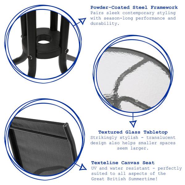 Nicola Spring 3 Piece Round Glass Top Patio Garden Set - Black