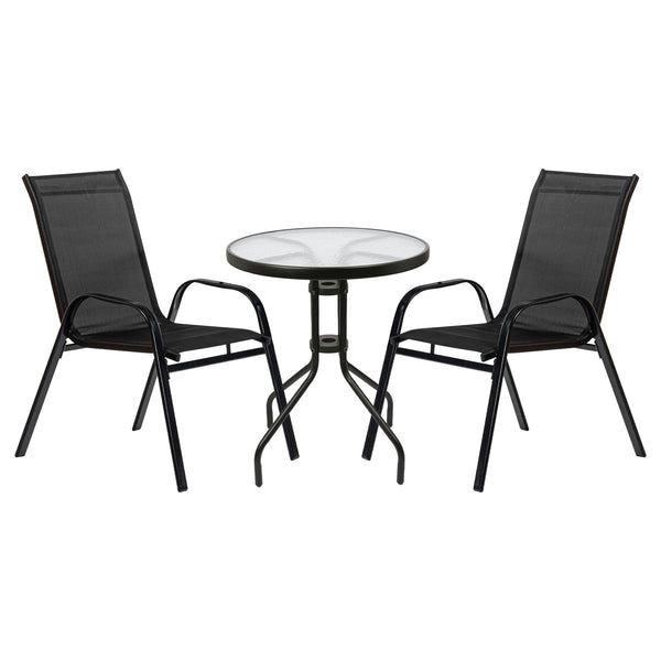 nicola spring 3 piece Round Glass Top Patio Garden Set - Black