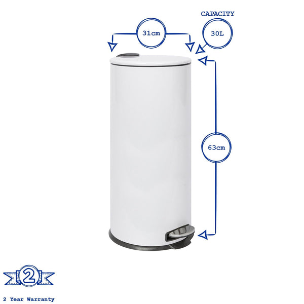 Nicola Spring 30L White Round Stainless Steel Kitchen Pedal Bin