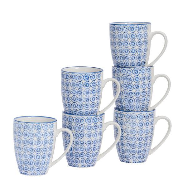 nicola spring 360ml Hand Printed Stoneware Coffee Mugs - Pack of Six