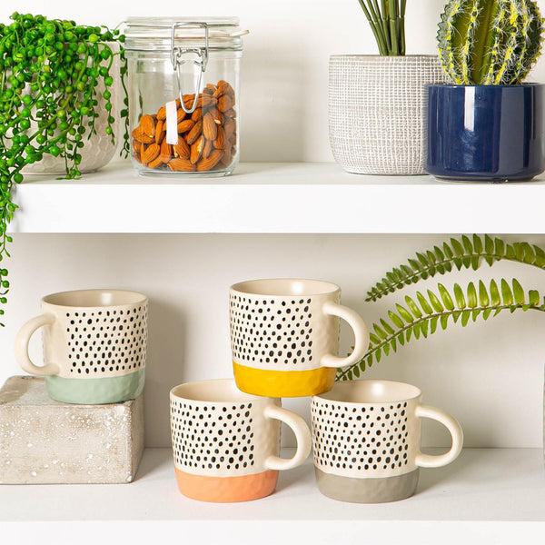 Nicola Spring 385ml Colour Block Spot Portuguese Stoneware Coffee Mugs - Pack Of Six