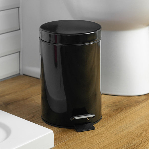 Nicola Spring 3L Black Round Stainless Steel Bathroom Pedal Bin