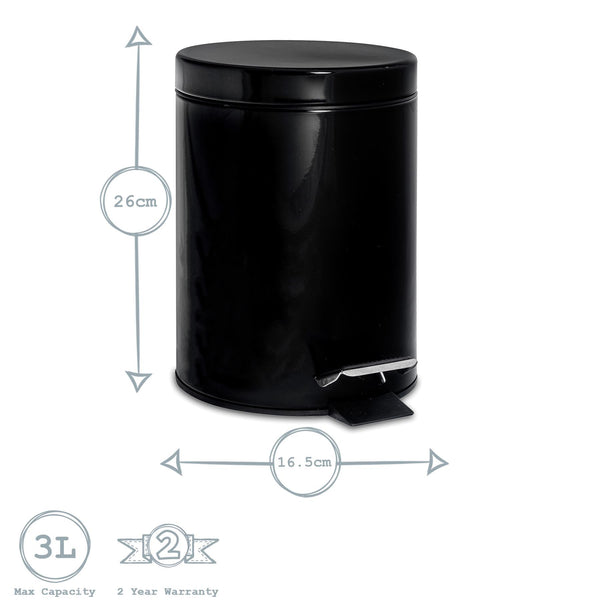 Nicola Spring 3L Black Round Stainless Steel Bathroom Pedal Bin