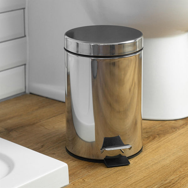 Nicola Spring 3L Chrome Round Stainless Steel Bathroom Pedal Bin
