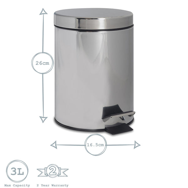 Nicola Spring 3L Chrome Round Stainless Steel Bathroom Pedal Bin