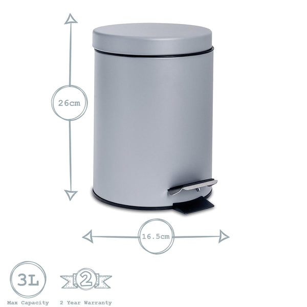 Nicola Spring 3L Grey Round Stainless Steel Bathroom Pedal Bin