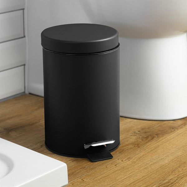 Nicola Spring 3L Matt Black Round Stainless Steel Bathroom Pedal Bin