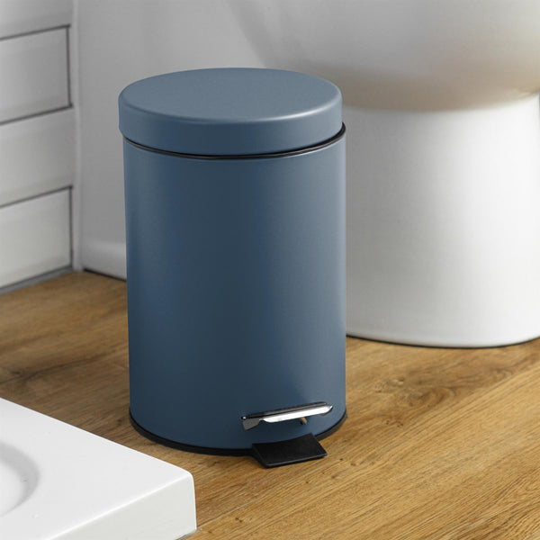 Nicola Spring 3L Matt Blue Round Stainless Steel Bathroom Pedal Bin