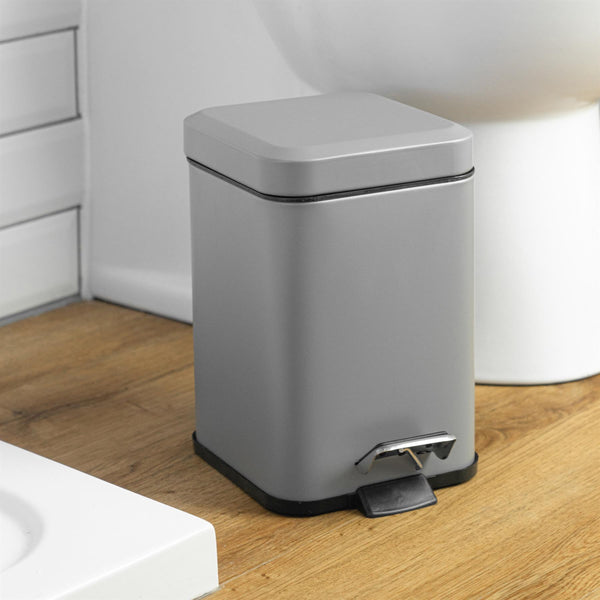 Nicola Spring 3L Matt Grey Square Bathroom Pedal Bin