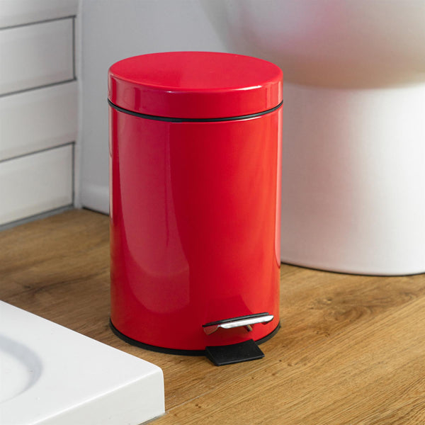 Nicola Spring 3L Red Round Stainless Steel Bathroom Pedal Bin