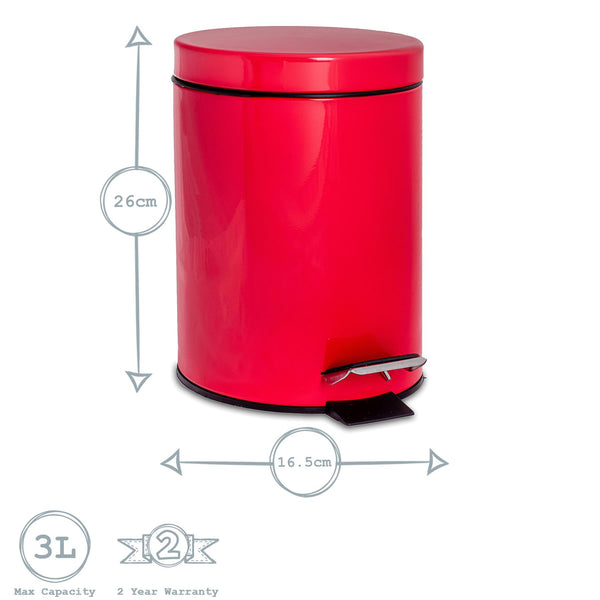 Nicola Spring 3L Red Round Stainless Steel Bathroom Pedal Bin
