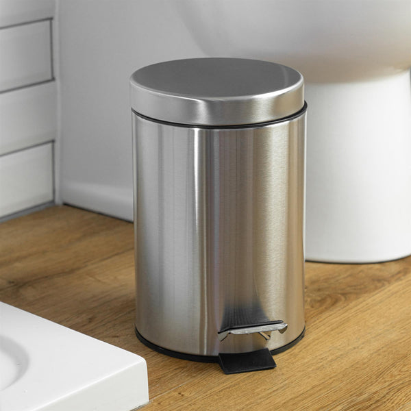 Nicola Spring 3L Round Brushed Stainless Steel Bathroom Pedal Bin
