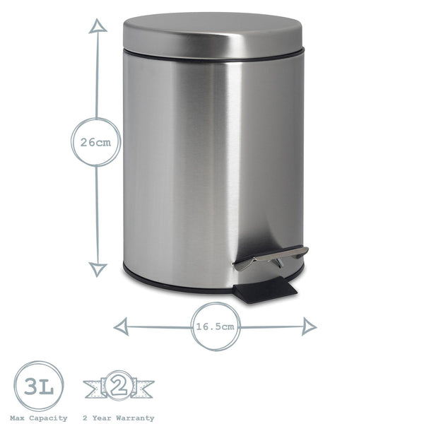 Nicola Spring 3L Round Brushed Stainless Steel Bathroom Pedal Bin