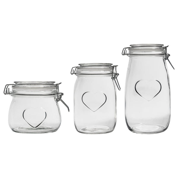 nicola spring 3pc Glass Storage Air tight Jar Set with Embossed Heart Detail