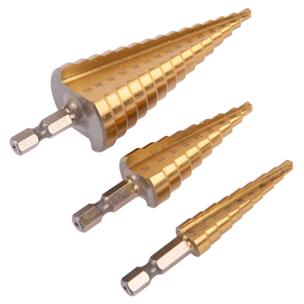 nicola spring 3pc Titanium Coated 4-32mm Steel Step Drill Bit Set