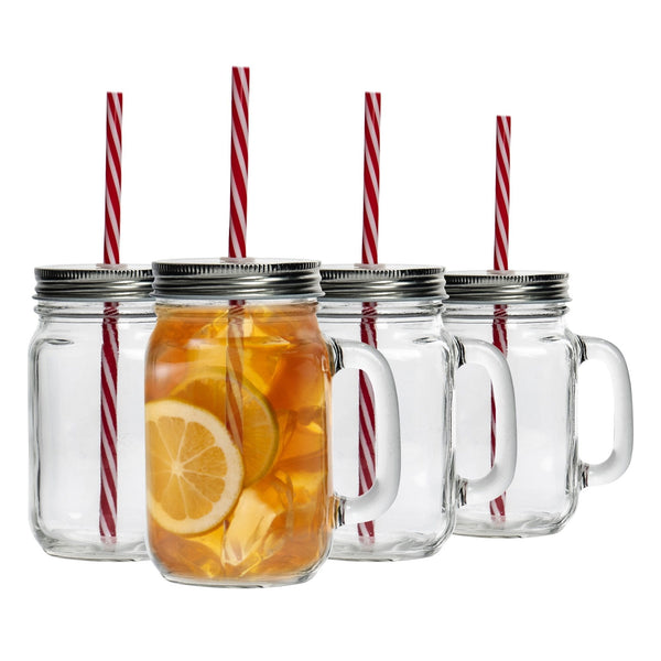 nicola spring 450ml Mason Drinking Jar Glasses with Straws - Pack of Four