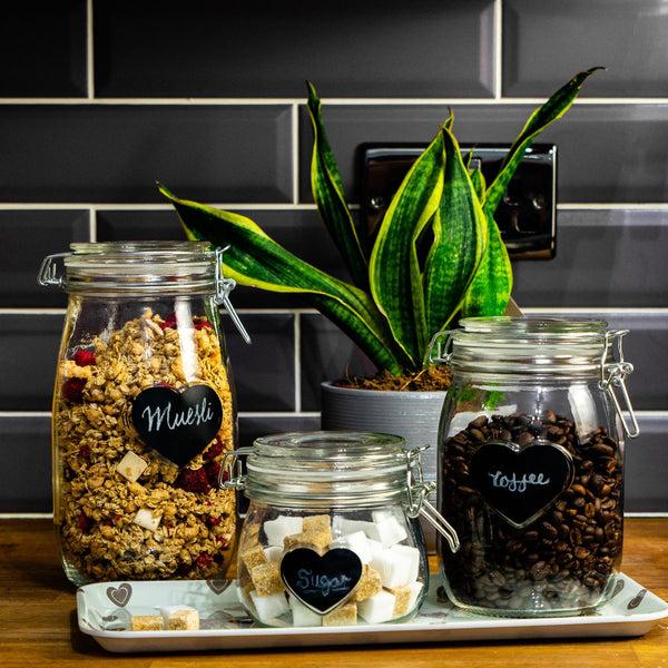 Nicola Spring 500ml Air Tight Overnight Oats Glass Storage Jar With Embossed Heart Detail & Label - Pack Of Six