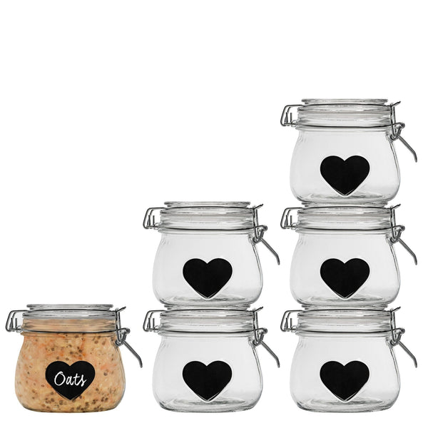 nicola spring 500ml Air tight Overnight oats Glass Storage Jar with Embossed Heart Detail & Label - Pack of Six