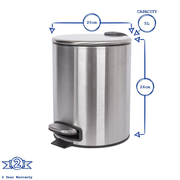 Nicola Spring 5L Round Brushed Stainless Steel Pedal Bin