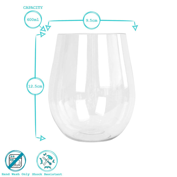 Nicola Spring 600ml Reusable Plastic Stemless Wine Glasses - Pack Of Six