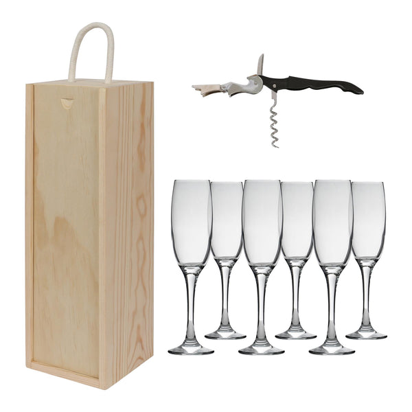 nicola spring 8pc Wooden Champagne Wine Box Set with Corkscrew & Flutes