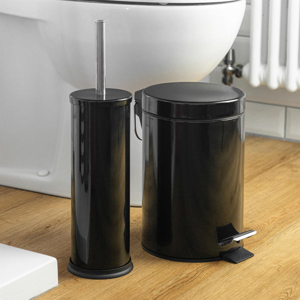 Nicola Spring Black Round Stainless Steel Toilet Brush & Bin Set