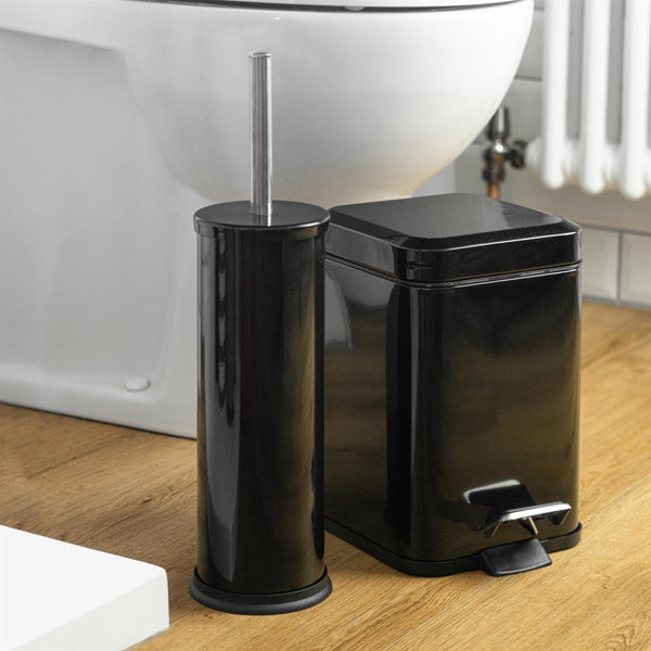 Nicola Spring Black Round Toilet Brush & Square Bin Set