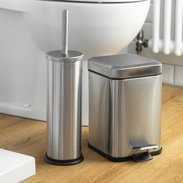 Nicola Spring Brushed Steel Round Toilet Brush & Square Bin Set