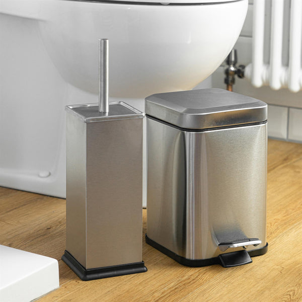 Nicola Spring Brushed Steel Square Toilet Brush & Bin Set