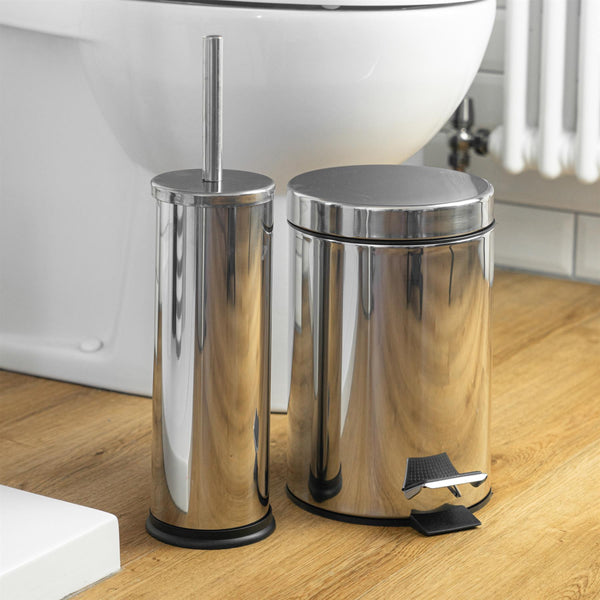 Nicola Spring Chrome Round Stainless Steel Toilet Brush & Bin Set