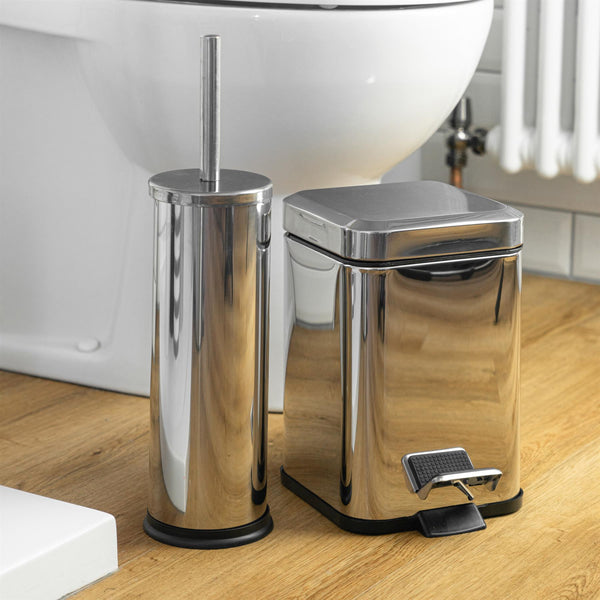 Nicola Spring Chrome Round Toilet Brush & Square Bin Set