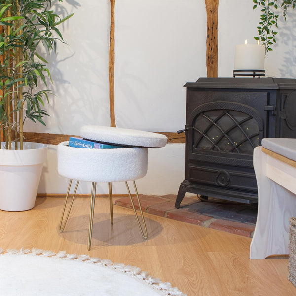 Nicola Spring Cream H46 X D37cm Round Boucle Storage Footstool