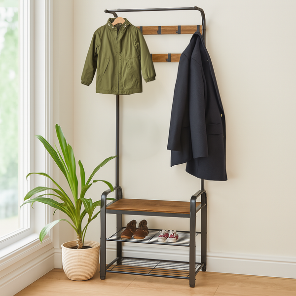 Nicola Spring Curved Steel Coat Rack With Shoe Storage Bench
