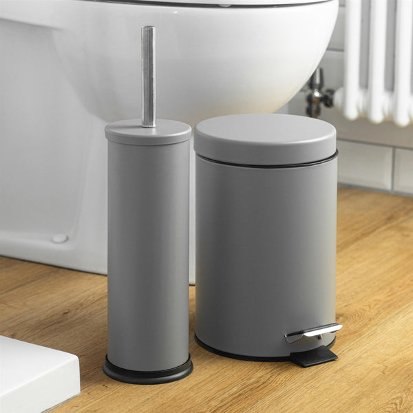 Nicola Spring Grey Round Stainless Steel Toilet Brush & Bin Set