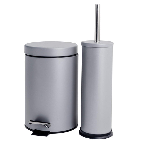 nicola spring Grey Round Stainless Steel Toilet Brush & Bin Set
