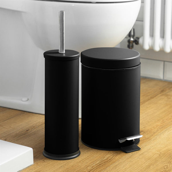 Nicola Spring Matt Black Round Stainless Steel Toilet Brush & Bin Set