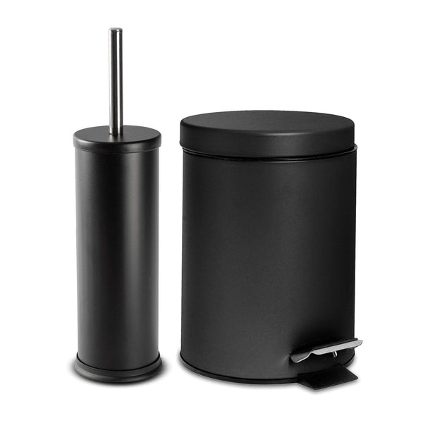 nicola spring Matt Black Round Stainless Steel Toilet Brush & Bin Set