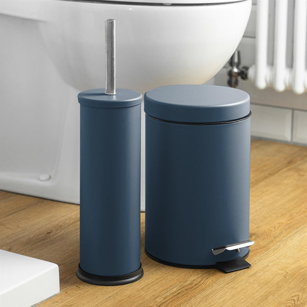 Nicola Spring Matt Blue Round Stainless Steel Toilet Brush & Bin Set
