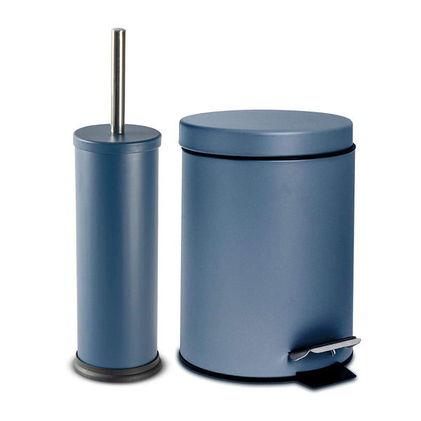 nicola spring Matt Blue Round Stainless Steel Toilet Brush & Bin Set